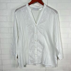 Alfred Dunner Womens Embroidered Blouse size 16 Cotton White